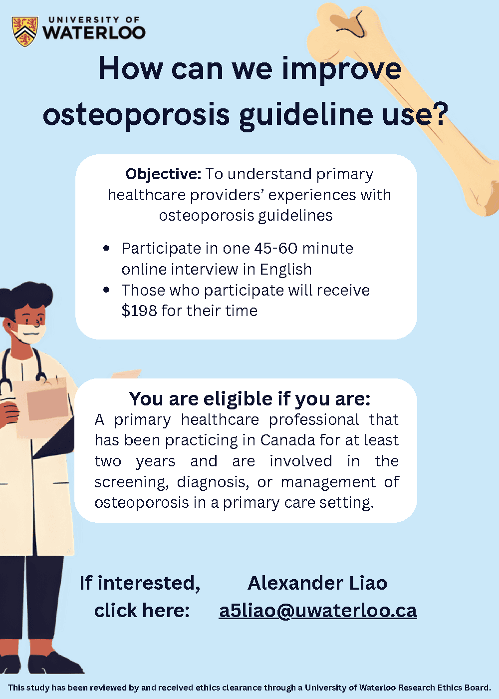 University of Waterloo study recruitment poster: How can we improve osteoporosis guideline use?